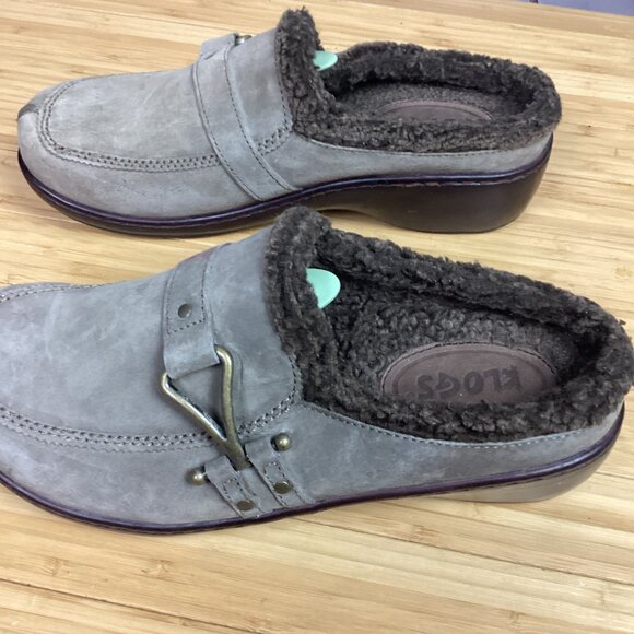 Klogs Womens Clogs Gray Suede Faux Fur Trim Slip On Wedge 11M - Picture 5 of 10